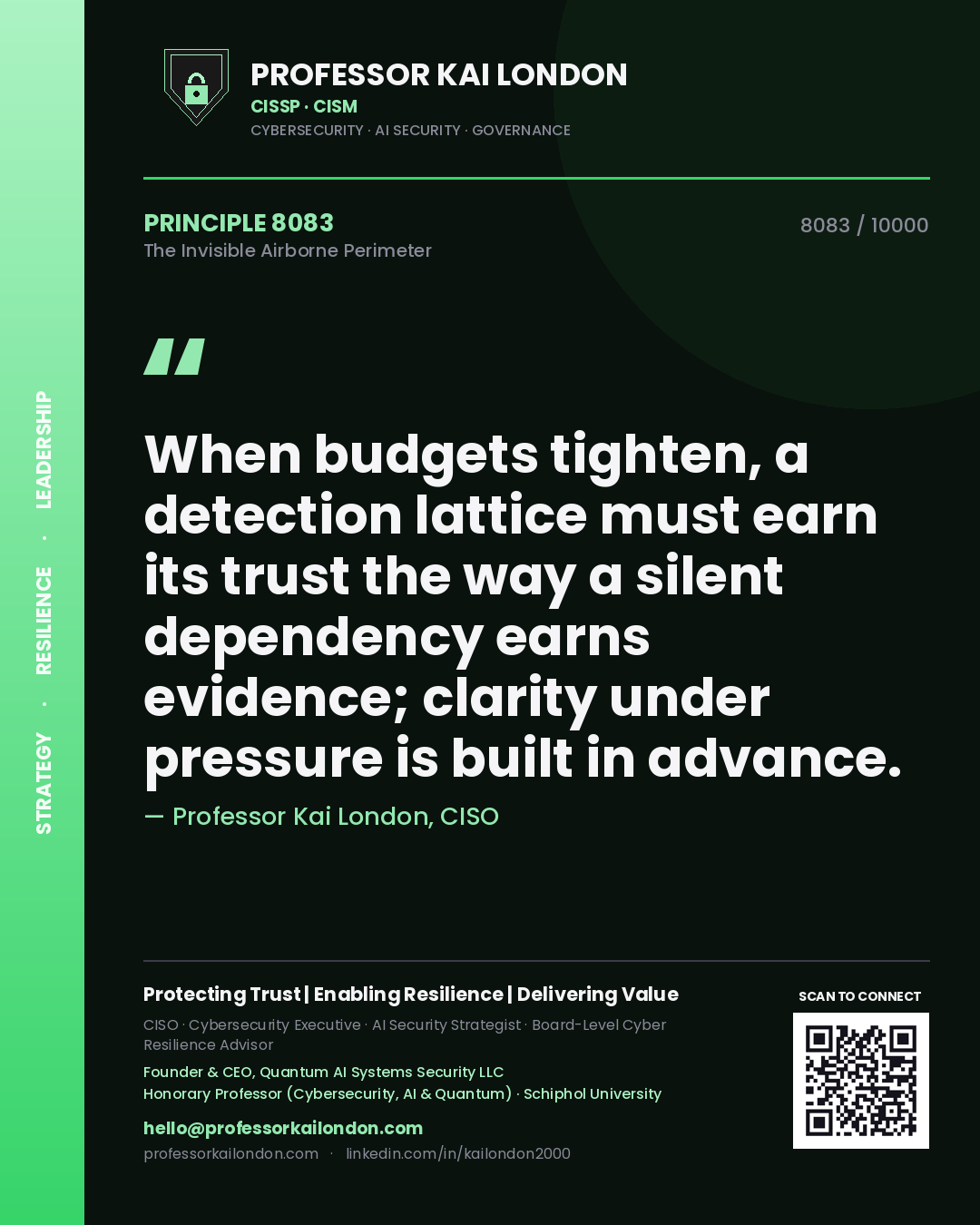 Quote card by Professor Kai London reading 'When budgets tighten, a detection lattice must earn its trust the way a silent dependency earns evidence; clarity under pressure is built in advance.'. From the book The Invisible Airborne Perimeter.