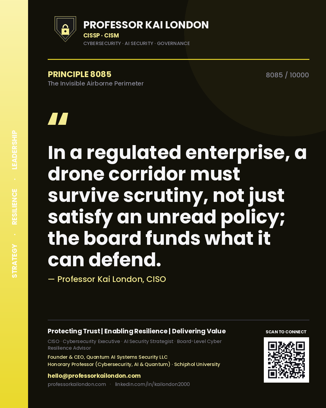 Professor Kai London principle 8085: In a regulated enterprise, a drone corridor must survive scrutiny, not just satisfy an unread policy; the board funds what it can defend.