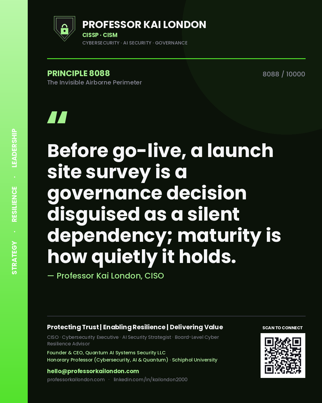 Quote card by Professor Kai London reading 'Before go-live, a launch site survey is a governance decision disguised as a silent dependency; maturity is how quietly it holds.'. From the book The Invisible Airborne Perimeter.