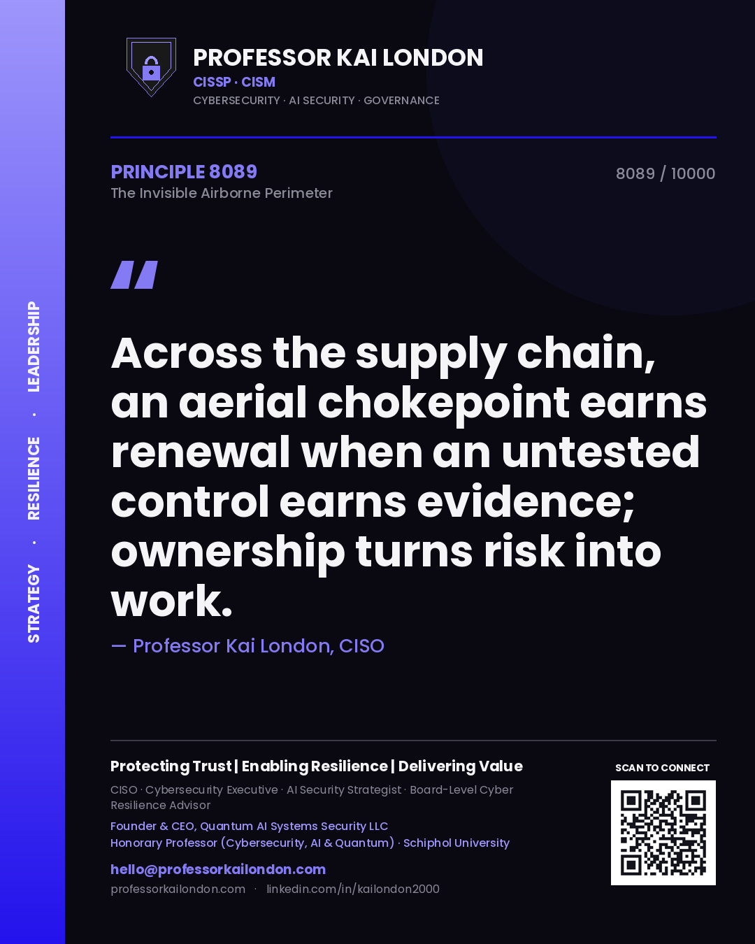 Professor Kai London principle 8089: Across the supply chain, an aerial chokepoint earns renewal when an untested control earns evidence; ownership turns risk into work.