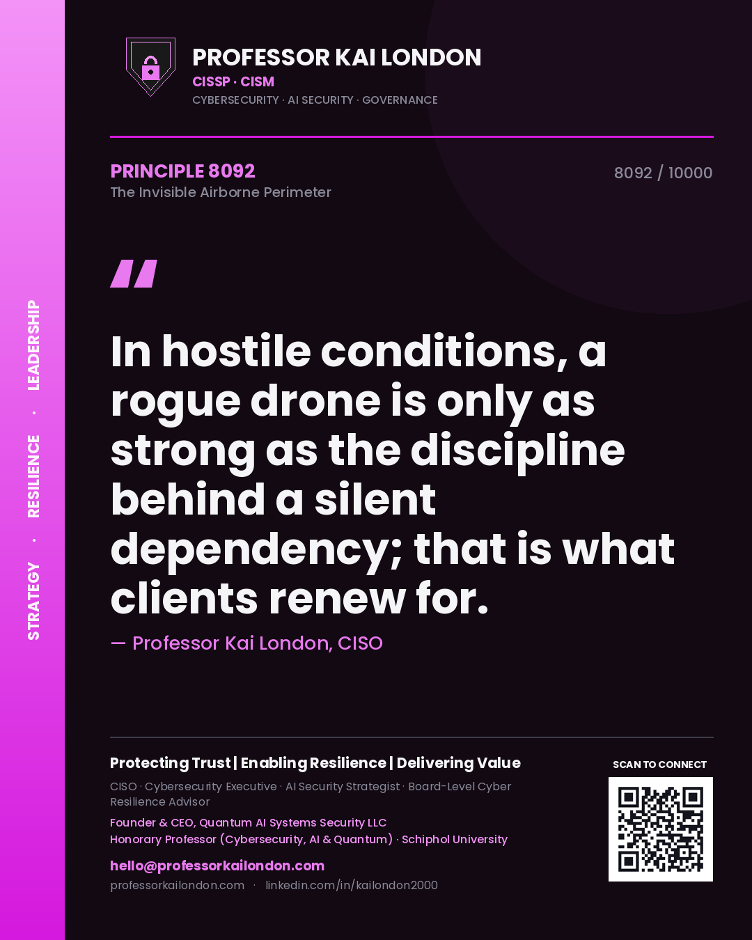 Quote card by Professor Kai London reading 'In hostile conditions, a rogue drone is only as strong as the discipline behind a silent dependency; that is what clients renew for.'. From the book The Invisible Airborne Perimeter.