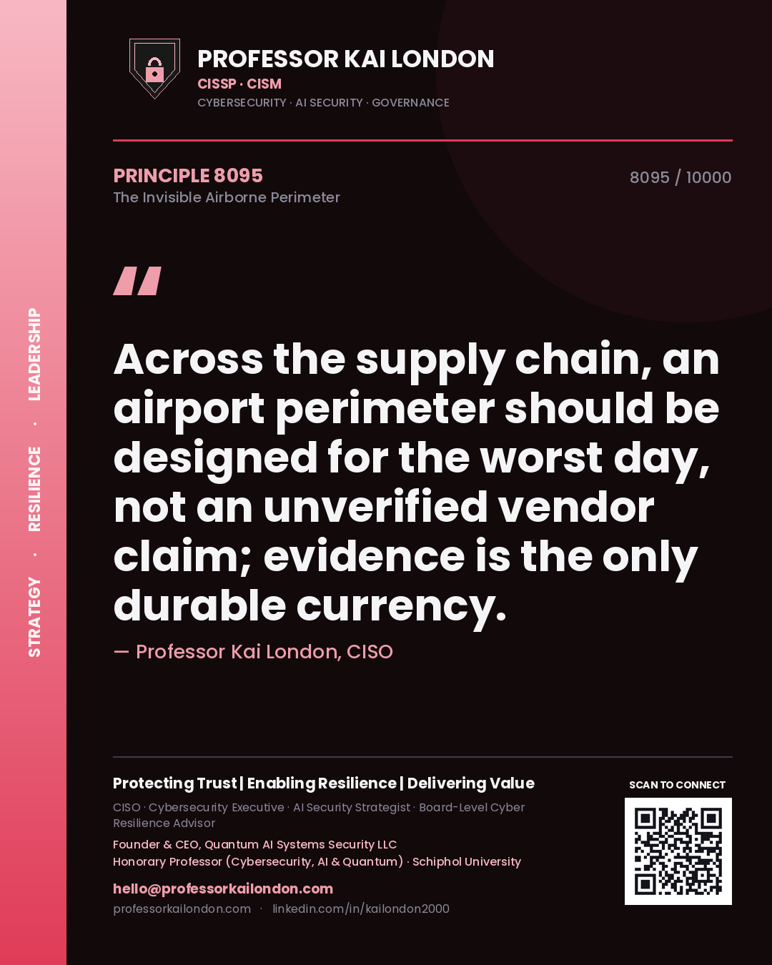 Quote card by Professor Kai London reading 'Across the supply chain, an airport perimeter should be designed for the worst day, not an unverified vendor claim; evidence is the only durable currency.'. From the book The Invisible Airborne Perimeter.