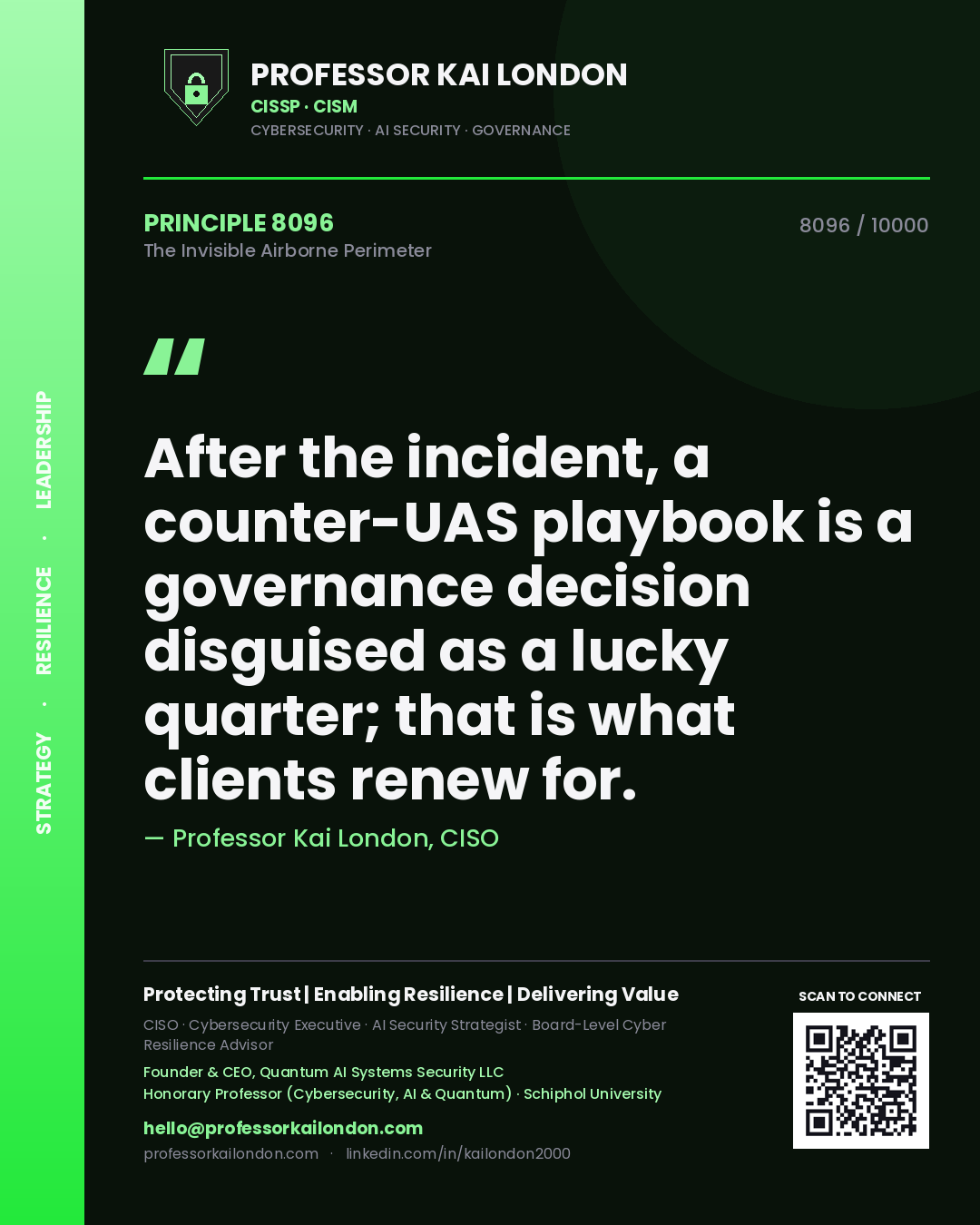 Quote card by Professor Kai London reading 'After the incident, a counter-UAS playbook is a governance decision disguised as a lucky quarter; that is what clients renew for.'. From the book The Invisible Airborne Perimeter.