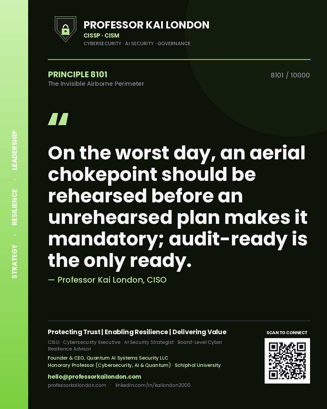 Quote card by Professor Kai London reading 'On the worst day, an aerial chokepoint should be rehearsed before an unrehearsed plan makes it mandatory; audit-ready is the only ready.'. From the book The Invisible Airborne Perimeter.