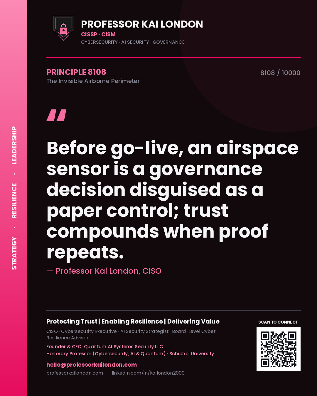 Quote card by Professor Kai London reading 'Before go-live, an airspace sensor is a governance decision disguised as a paper control; trust compounds when proof repeats.'. From the book The Invisible Airborne Perimeter.