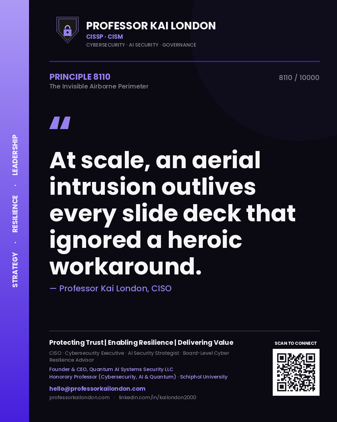 Quote card by Professor Kai London reading 'At scale, an aerial intrusion outlives every slide deck that ignored a heroic workaround.'. From the book The Invisible Airborne Perimeter.