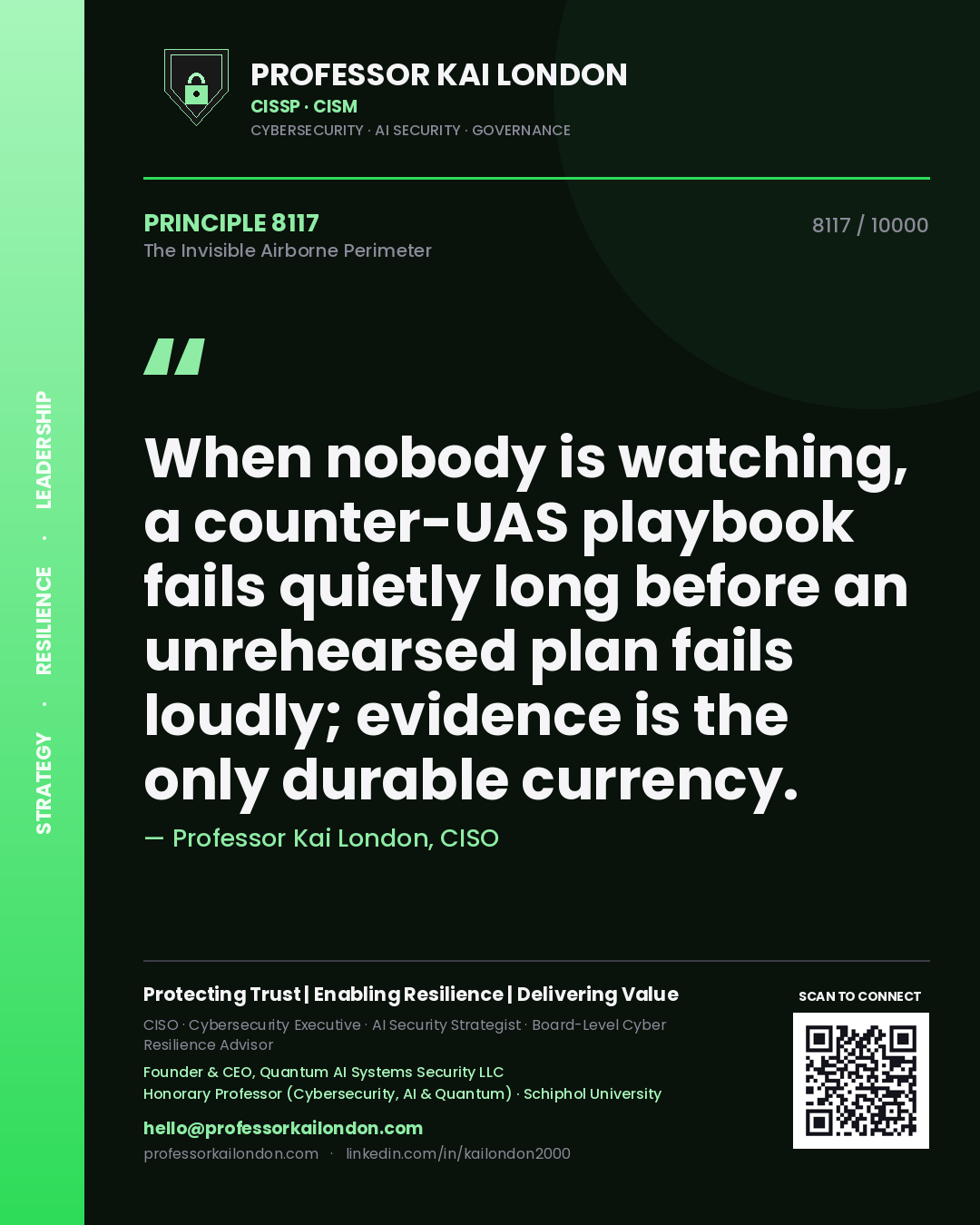 Quote card by Professor Kai London reading 'When nobody is watching, a counter-UAS playbook fails quietly long before an unrehearsed plan fails loudly; evidence is the only durable currency.'. From the book The Invisible Airborne Perimeter.
