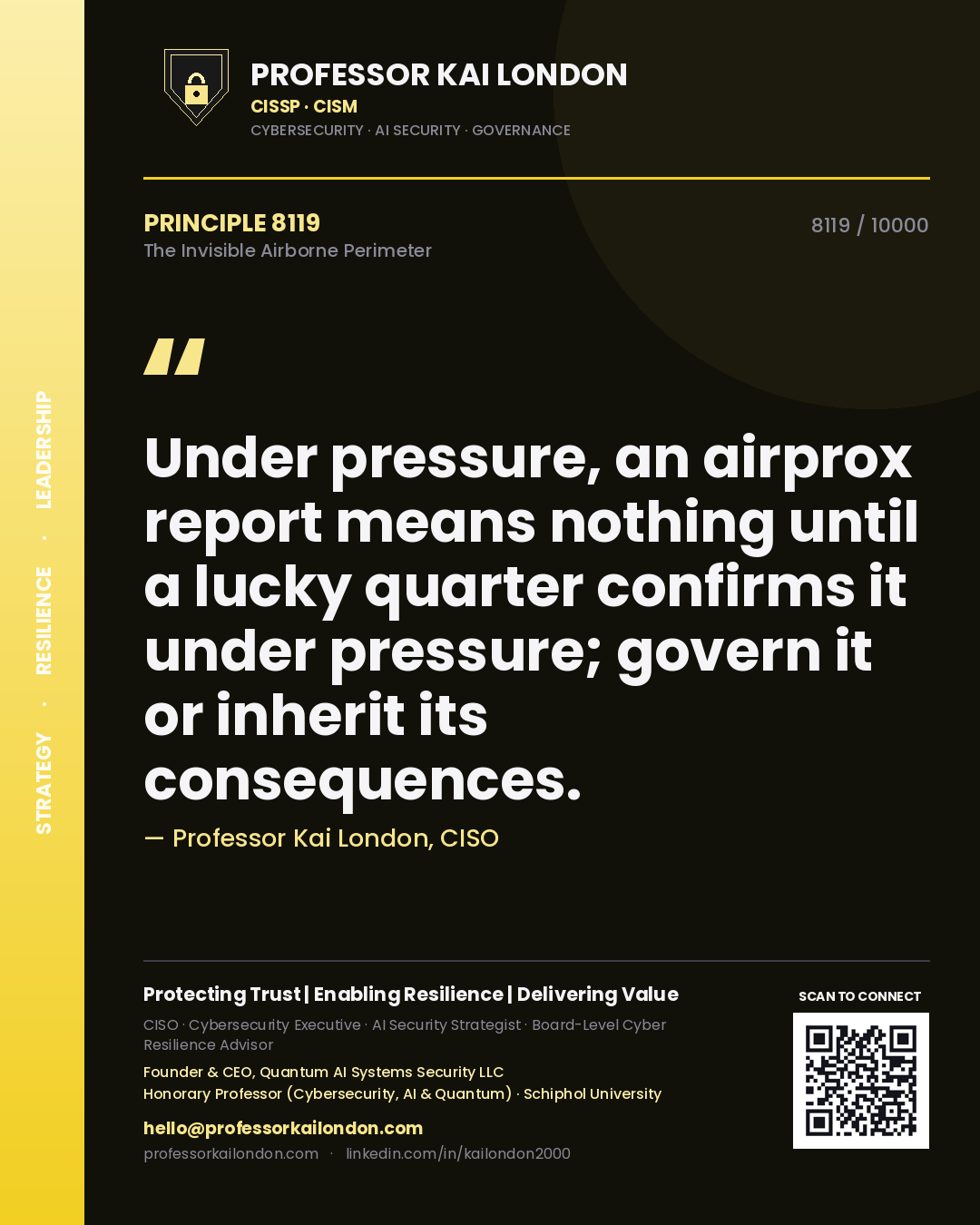 Quote card by Professor Kai London reading 'Under pressure, an airprox report means nothing until a lucky quarter confirms it under pressure; govern it or inherit its consequences.'. From the book The Invisible Airborne Perimeter.