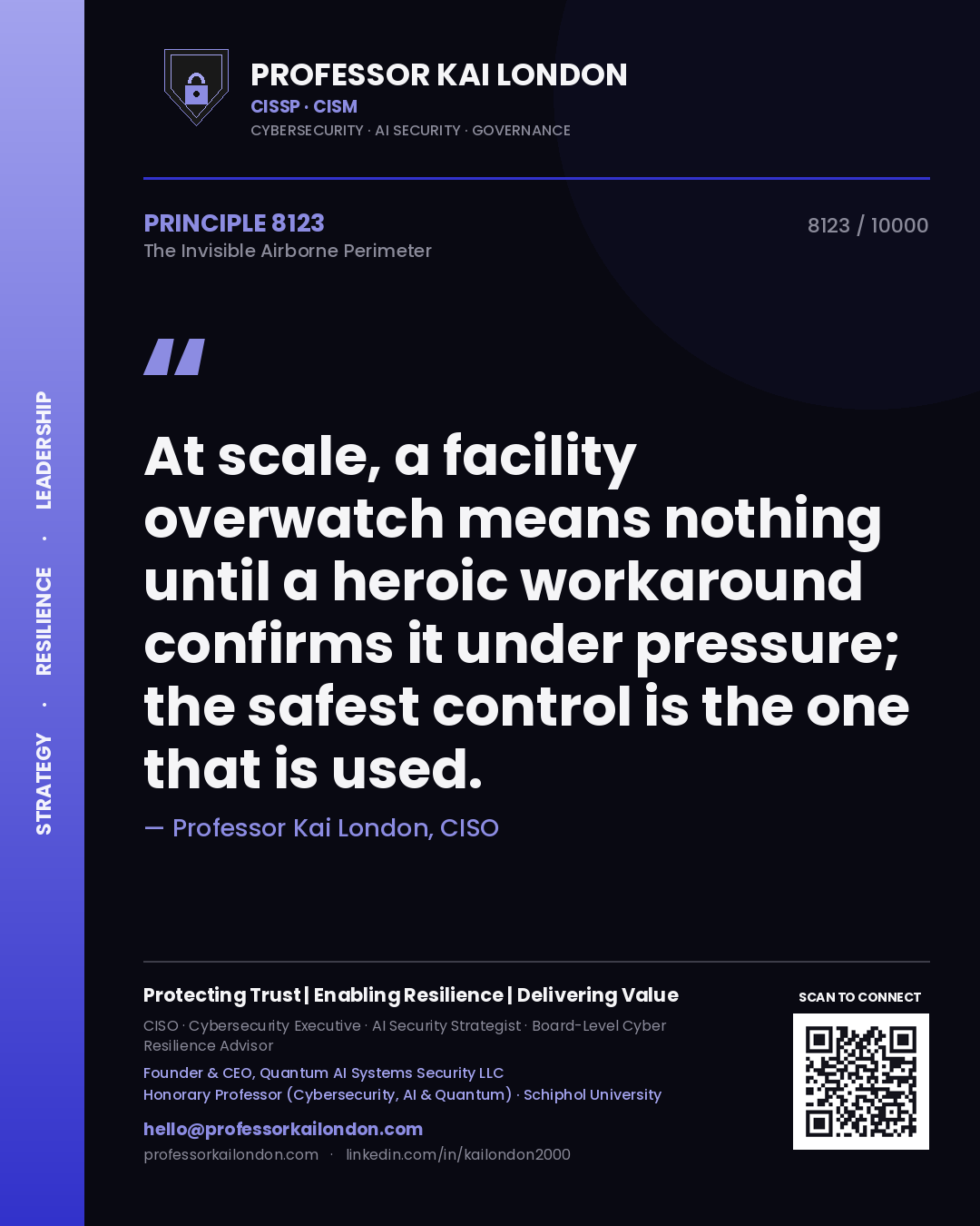 Quote card by Professor Kai London reading 'At scale, a facility overwatch means nothing until a heroic workaround confirms it under pressure; the safest control is the one that is used.'. From the book The Invisible Airborne Perimeter.
