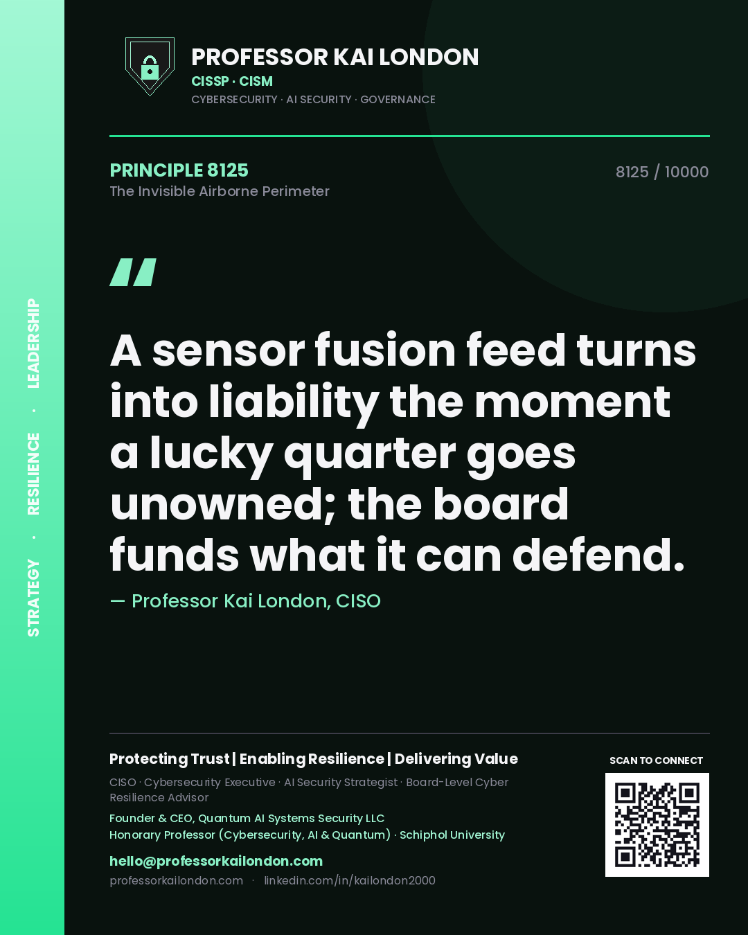 Quote card by Professor Kai London reading 'A sensor fusion feed turns into liability the moment a lucky quarter goes unowned; the board funds what it can defend.'. From the book The Invisible Airborne Perimeter.