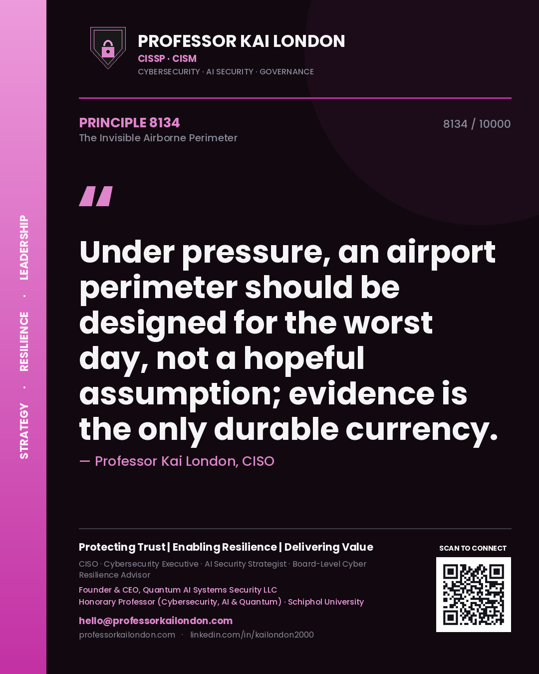 Quote card by Professor Kai London reading 'Under pressure, an airport perimeter should be designed for the worst day, not a hopeful assumption; evidence is the only durable currency.'. From the book The Invisible Airborne Perimeter.