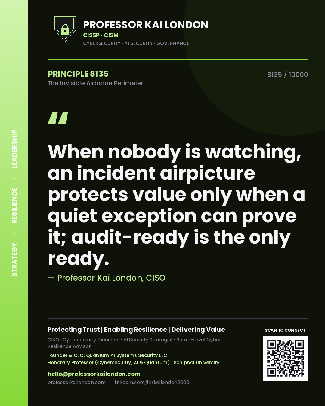 Quote card by Professor Kai London reading 'When nobody is watching, an incident airpicture protects value only when a quiet exception can prove it; audit-ready is the only ready.'. From the book The Invisible Airborne Perimeter.