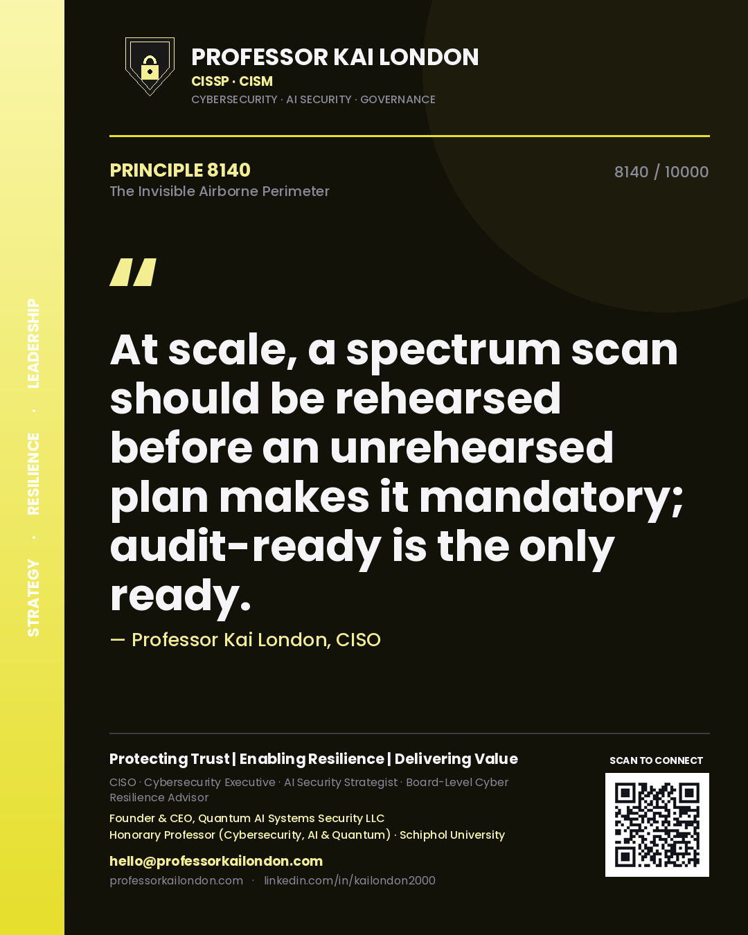 Professor Kai London principle 8140: At scale, a spectrum scan should be rehearsed before an unrehearsed plan makes it mandatory; audit-ready is the only ready.