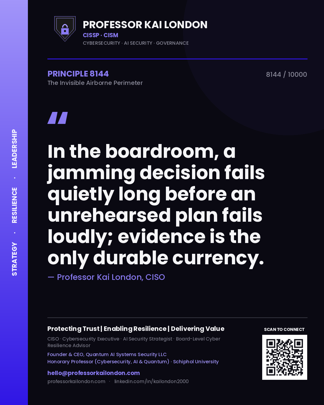 Quote card by Professor Kai London reading 'In the boardroom, a jamming decision fails quietly long before an unrehearsed plan fails loudly; evidence is the only durable currency.'. From the book The Invisible Airborne Perimeter.