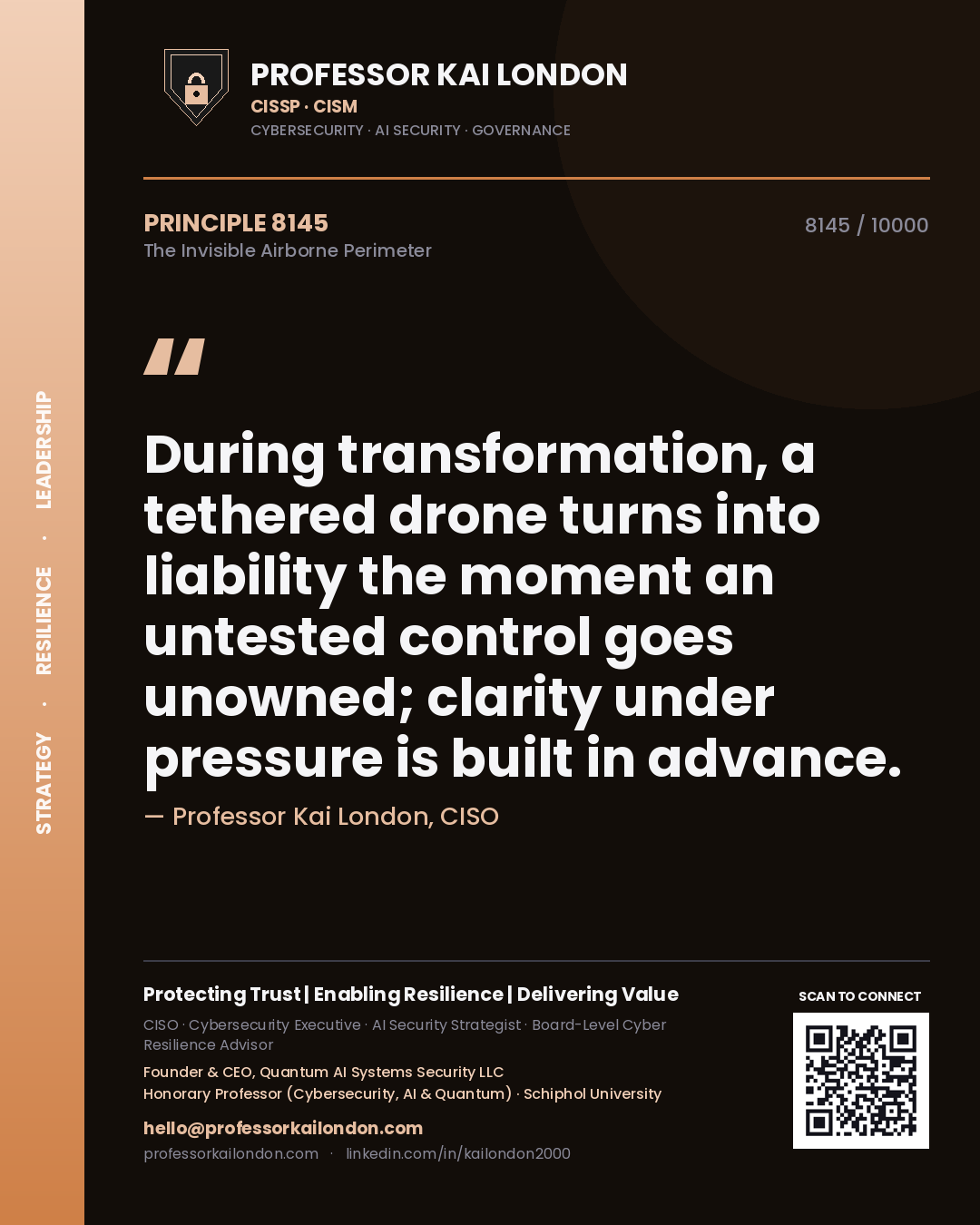 Quote card by Professor Kai London reading 'During transformation, a tethered drone turns into liability the moment an untested control goes unowned; clarity under pressure is built in advance.'. From the book The Invisible Airborne Perimeter.