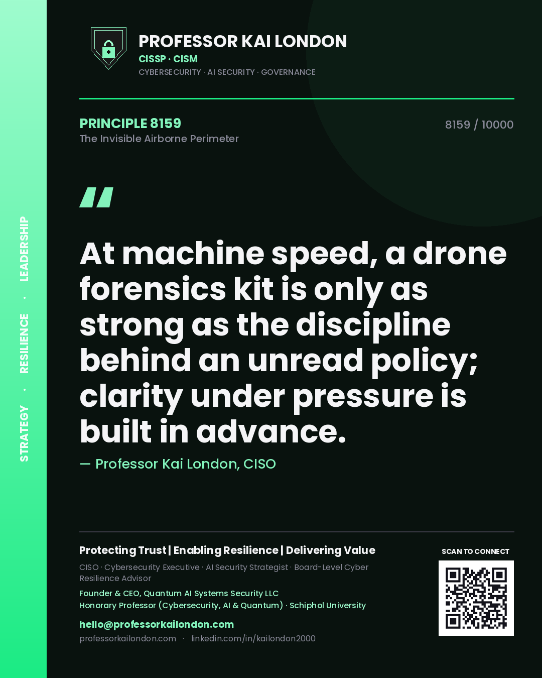 Quote card by Professor Kai London reading 'At machine speed, a drone forensics kit is only as strong as the discipline behind an unread policy; clarity under pressure is built in advance.'. From the book The Invisible Airborne Perimeter.