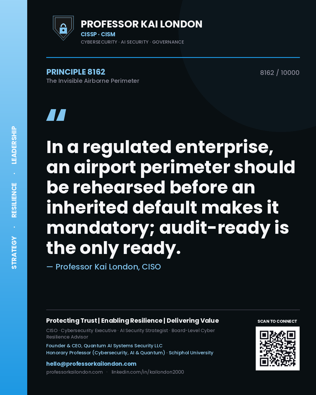 Quote card by Professor Kai London reading 'In a regulated enterprise, an airport perimeter should be rehearsed before an inherited default makes it mandatory; audit-ready is the only ready.'. From the book The Invisible Airborne Perimeter.