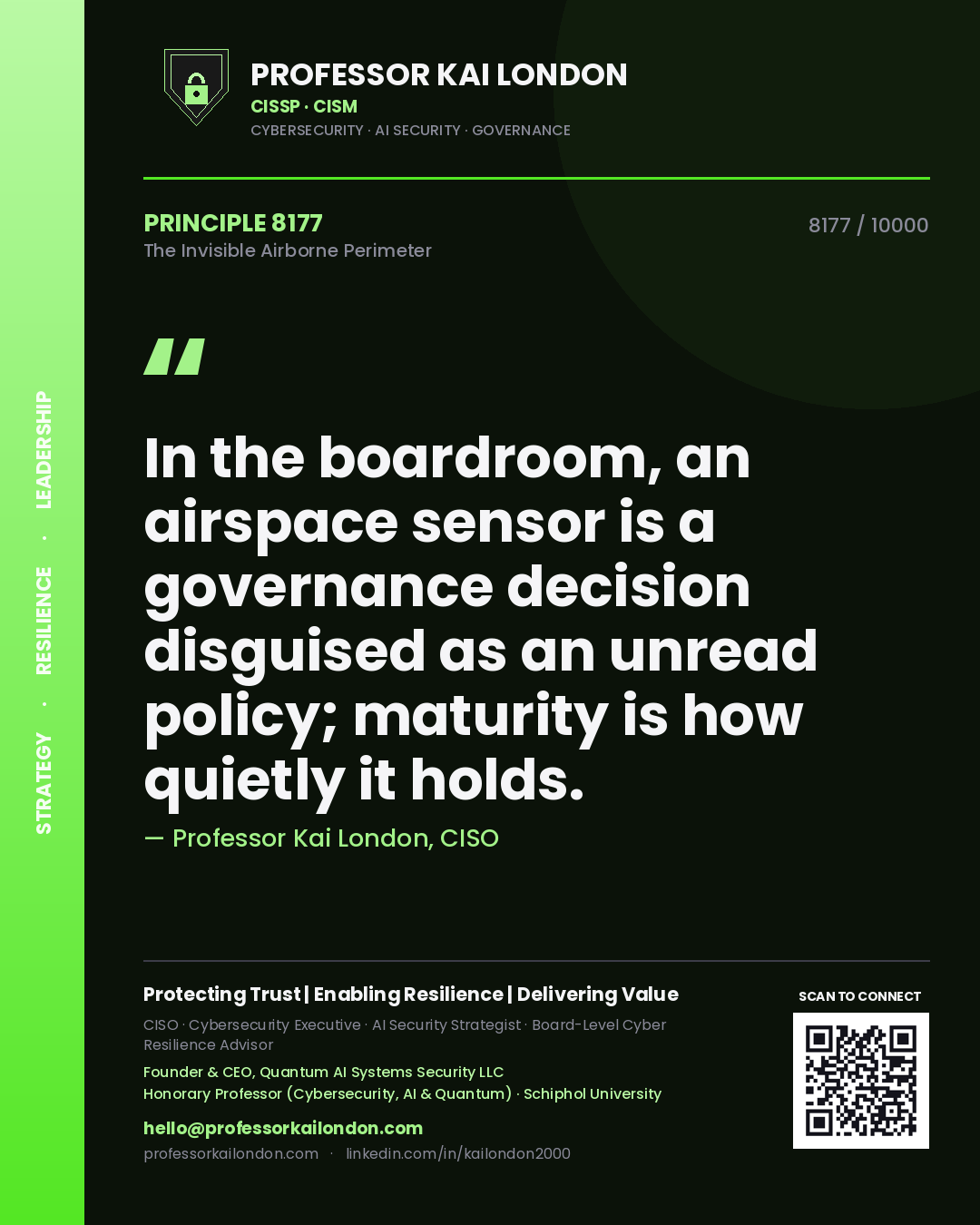 Quote card by Professor Kai London reading 'In the boardroom, an airspace sensor is a governance decision disguised as an unread policy; maturity is how quietly it holds.'. From the book The Invisible Airborne Perimeter.