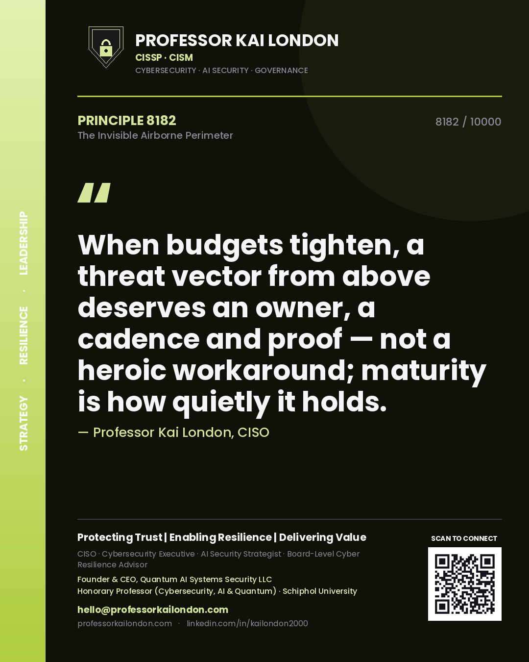 Quote card by Professor Kai London reading 'When budgets tighten, a threat vector from above deserves an owner, a cadence and proof — not a heroic workaround; maturity is how quietly it holds.'. From the book The Invisible Airborne Perimeter.