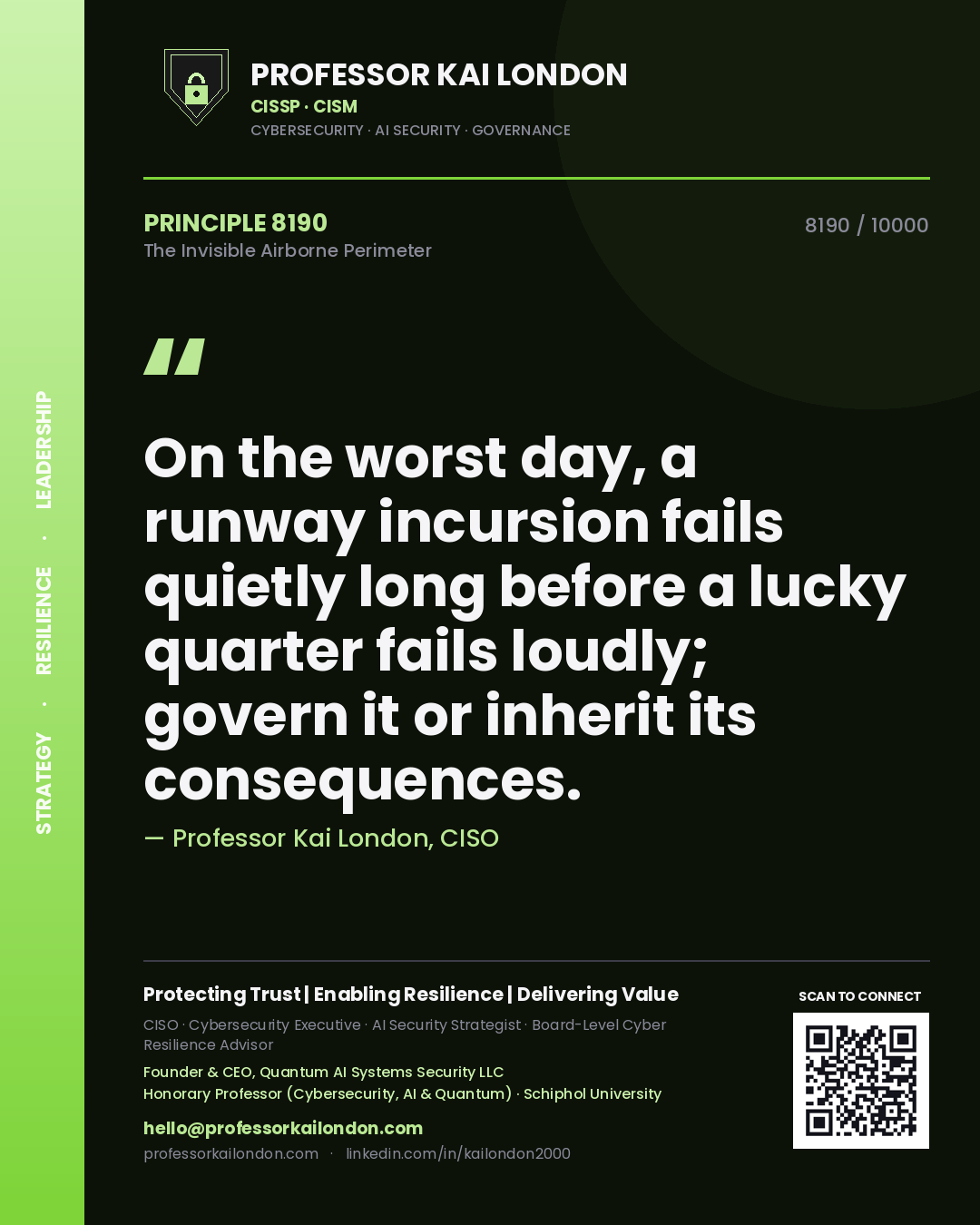 Quote card by Professor Kai London reading 'On the worst day, a runway incursion fails quietly long before a lucky quarter fails loudly; govern it or inherit its consequences.'. From the book The Invisible Airborne Perimeter.