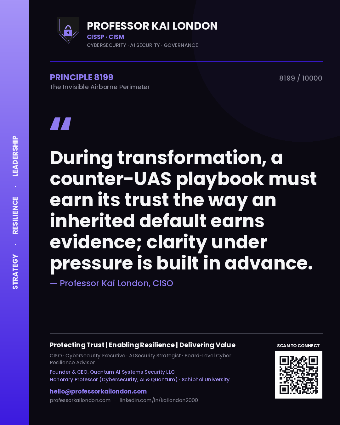 Quote card by Professor Kai London reading 'During transformation, a counter-UAS playbook must earn its trust the way an inherited default earns evidence; clarity under pressure is built in advance.'. From the book The Invisible Airborne Perimeter.