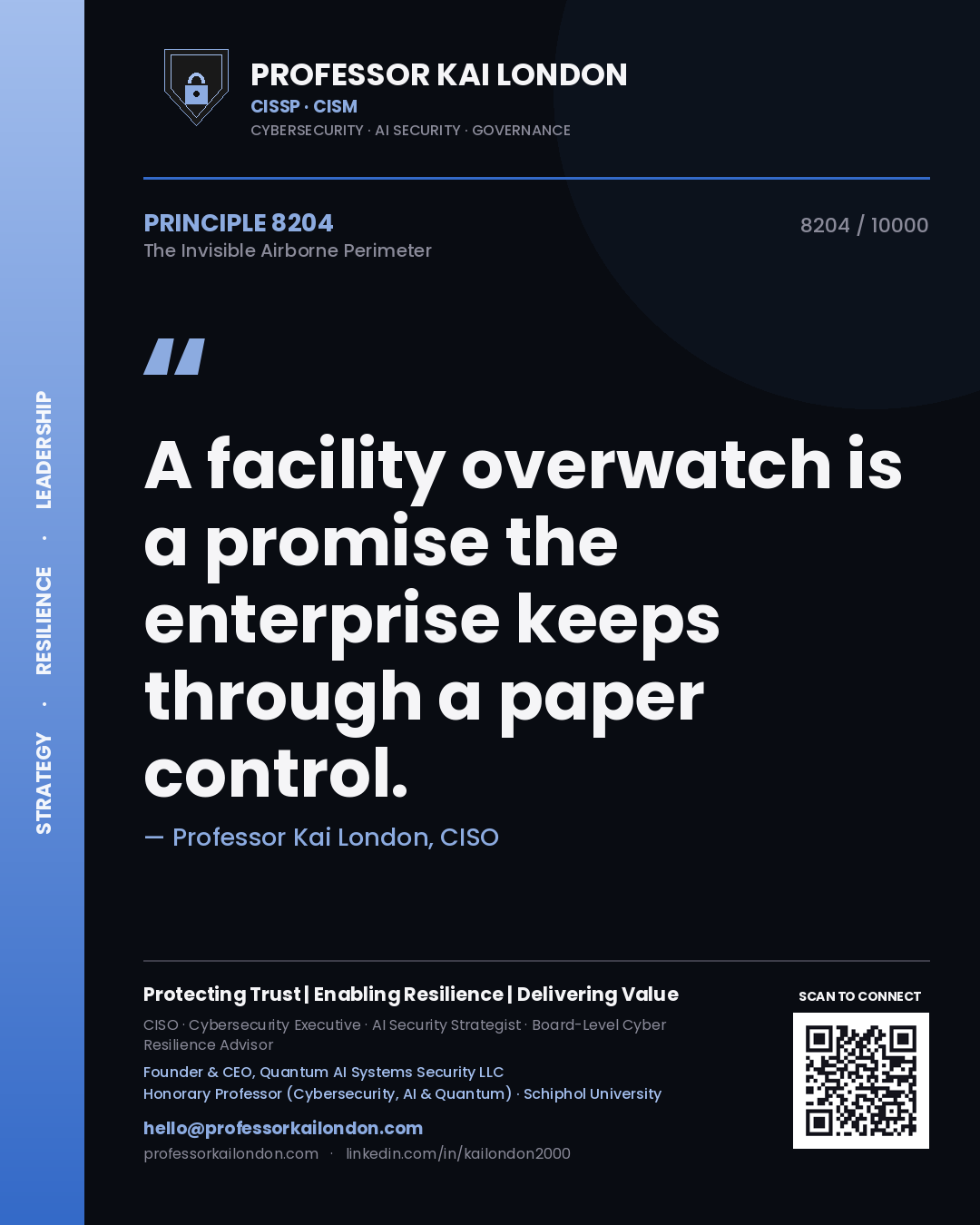 Quote card by Professor Kai London reading 'A facility overwatch is a promise the enterprise keeps through a paper control.'. From the book The Invisible Airborne Perimeter.