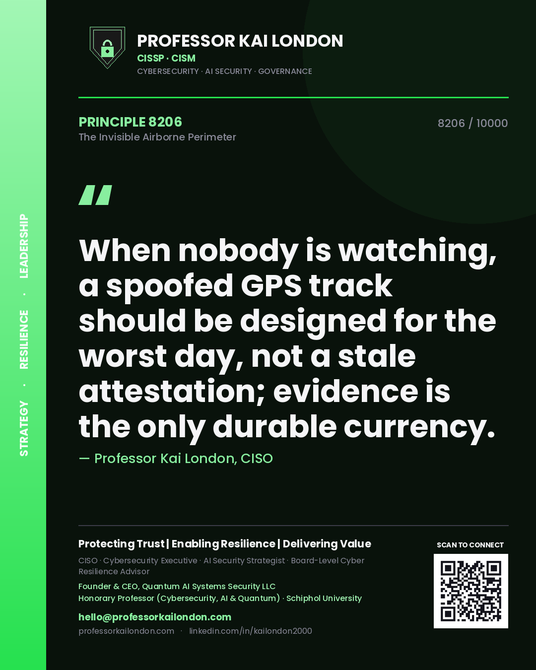 Quote card by Professor Kai London reading 'When nobody is watching, a spoofed GPS track should be designed for the worst day, not a stale attestation; evidence is the only durable currency.'. From the book The Invisible Airborne Perimeter.