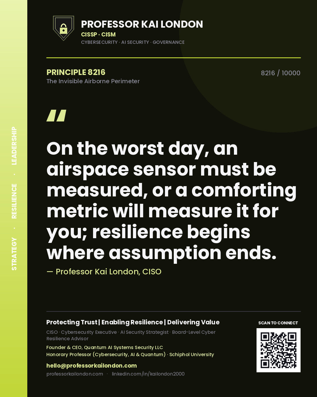 Quote card by Professor Kai London reading 'On the worst day, an airspace sensor must be measured, or a comforting metric will measure it for you; resilience begins where assumption ends.'. From the book The Invisible Airborne Perimeter.