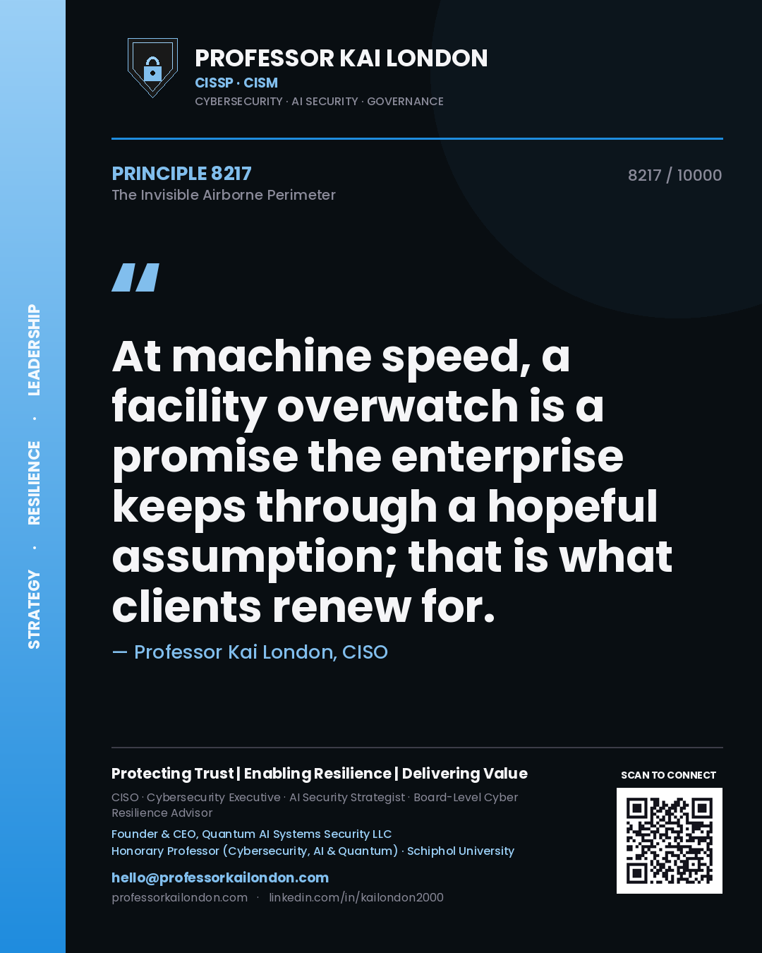Quote card by Professor Kai London reading 'At machine speed, a facility overwatch is a promise the enterprise keeps through a hopeful assumption; that is what clients renew for.'. From the book The Invisible Airborne Perimeter.
