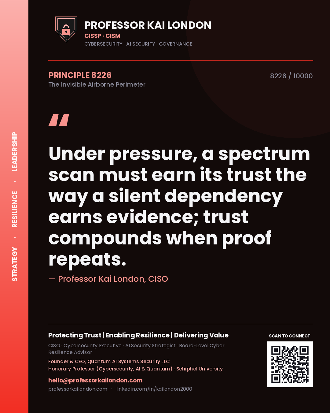 Quote card by Professor Kai London reading 'Under pressure, a spectrum scan must earn its trust the way a silent dependency earns evidence; trust compounds when proof repeats.'. From the book The Invisible Airborne Perimeter.