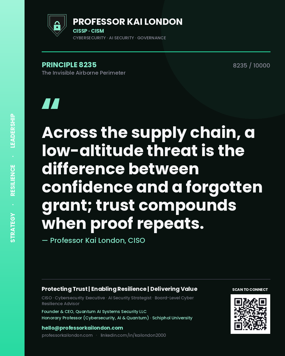 Quote card by Professor Kai London reading 'Across the supply chain, a low-altitude threat is the difference between confidence and a forgotten grant; trust compounds when proof repeats.'. From the book The Invisible Airborne Perimeter.