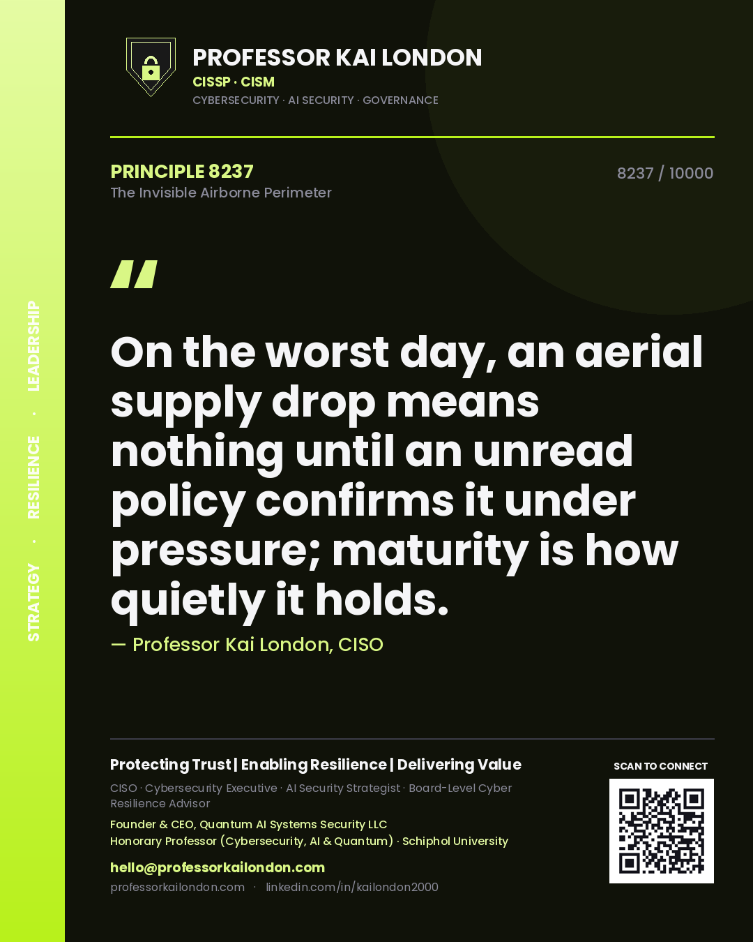 Quote card by Professor Kai London reading 'On the worst day, an aerial supply drop means nothing until an unread policy confirms it under pressure; maturity is how quietly it holds.'. From the book The Invisible Airborne Perimeter.