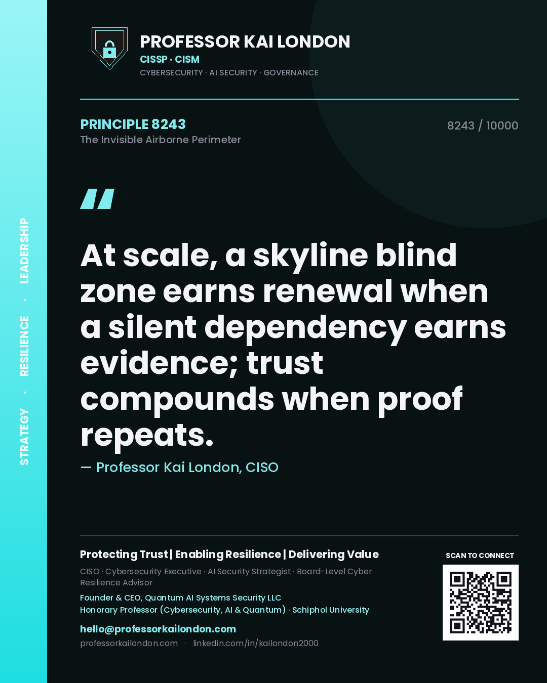 Quote card by Professor Kai London reading 'At scale, a skyline blind zone earns renewal when a silent dependency earns evidence; trust compounds when proof repeats.'. From the book The Invisible Airborne Perimeter.