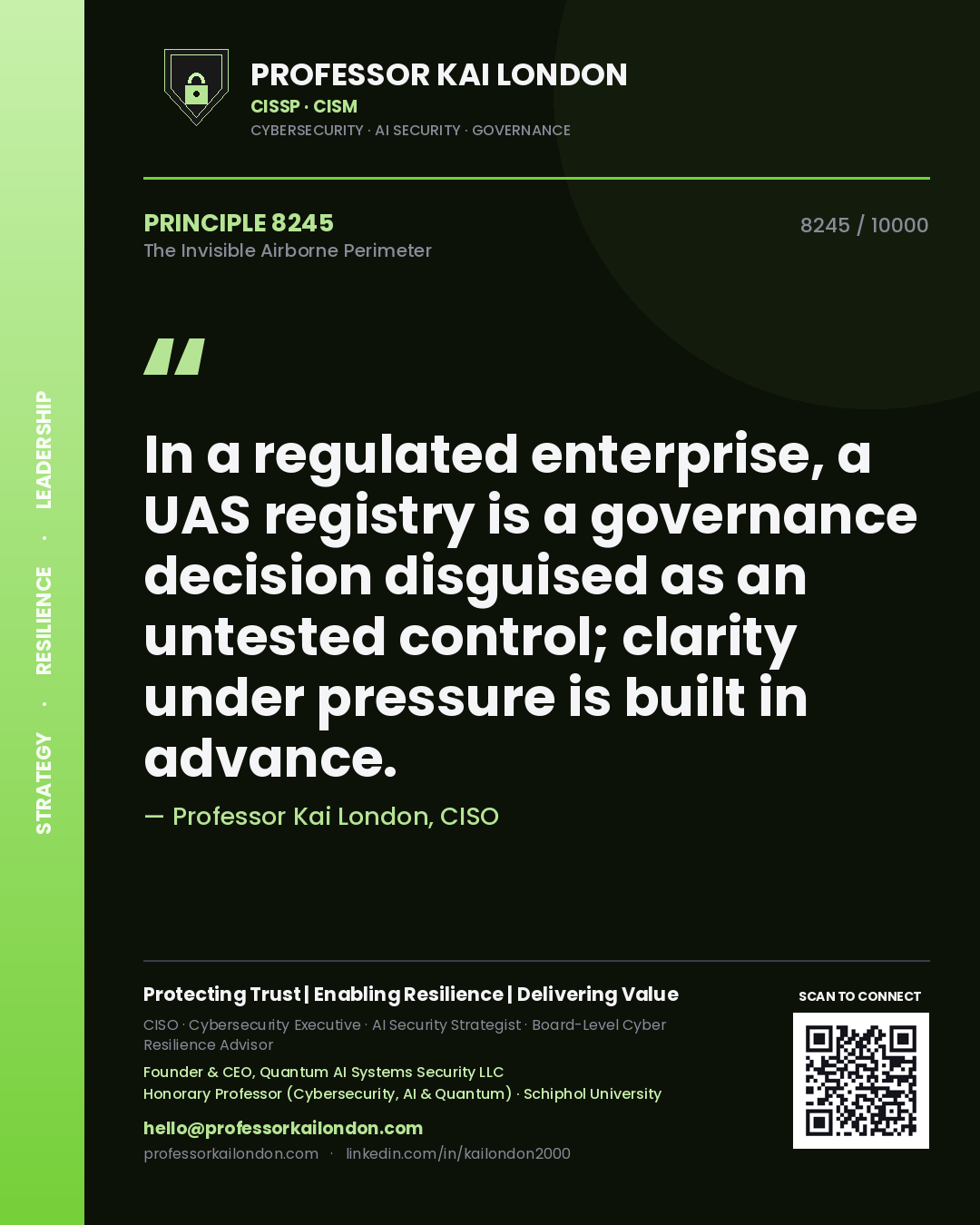 Quote card by Professor Kai London reading 'In a regulated enterprise, a UAS registry is a governance decision disguised as an untested control; clarity under pressure is built in advance.'. From the book The Invisible Airborne Perimeter.
