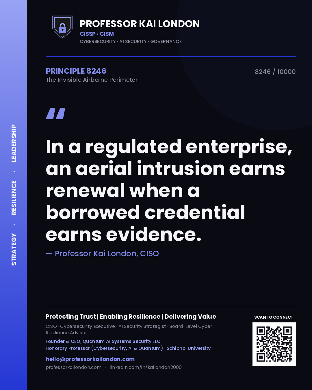Quote card by Professor Kai London reading 'In a regulated enterprise, an aerial intrusion earns renewal when a borrowed credential earns evidence.'. From the book The Invisible Airborne Perimeter.