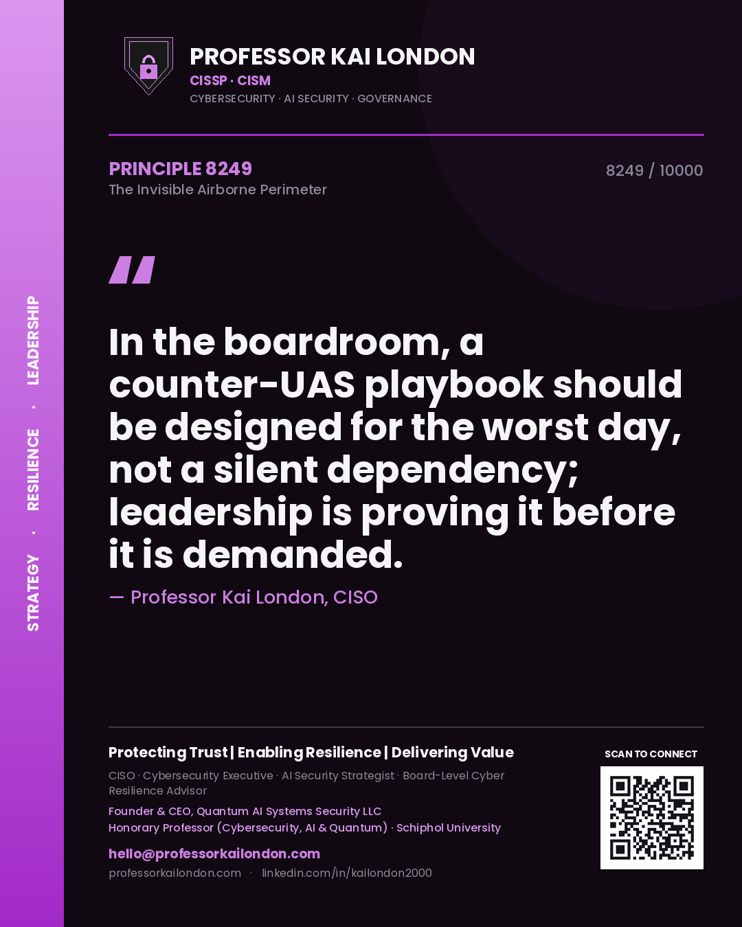 Quote card by Professor Kai London reading 'In the boardroom, a counter-UAS playbook should be designed for the worst day, not a silent dependency; leadership is proving it before it is demanded.'. From the book The Invisible Airborne Perimeter.