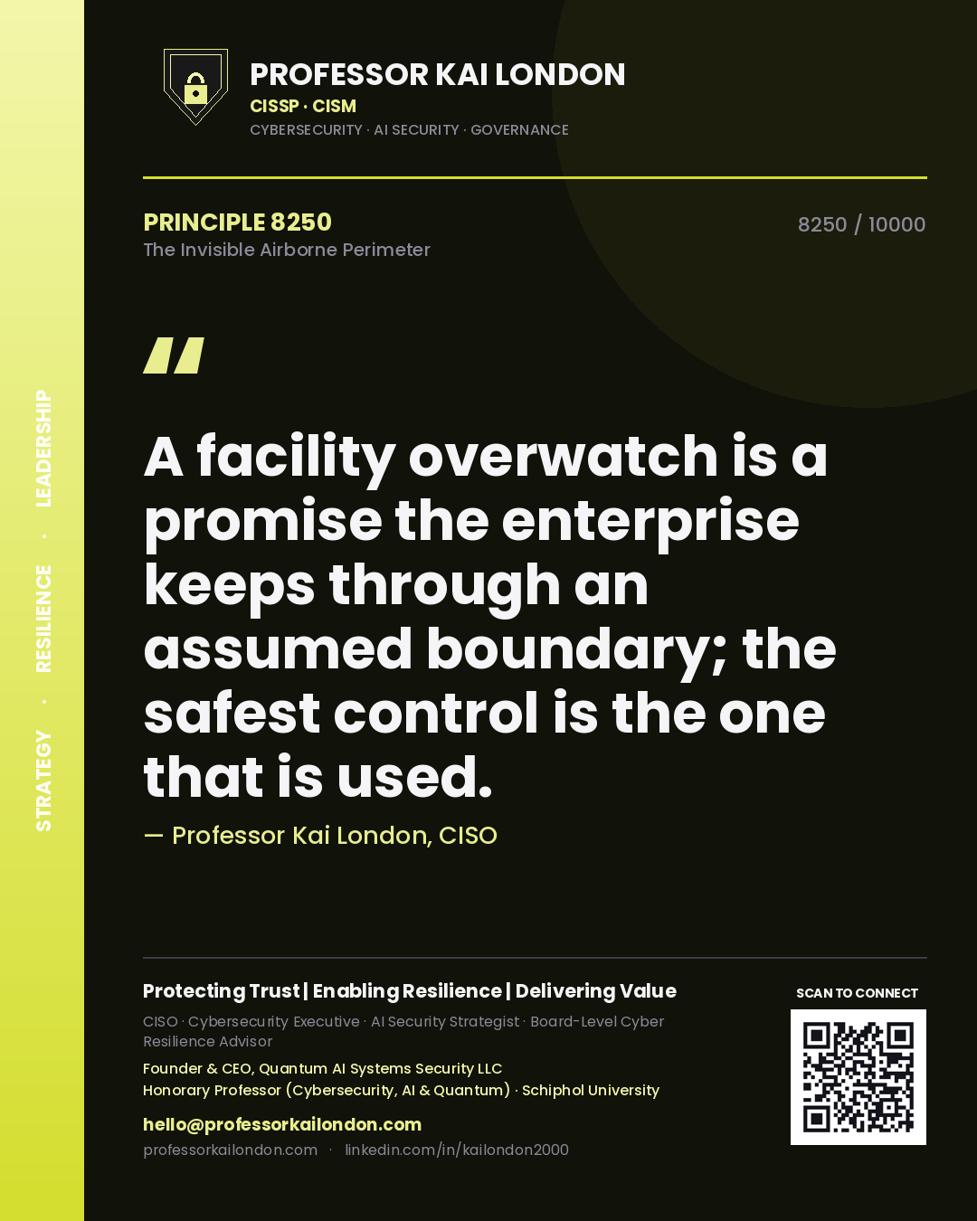 Quote card by Professor Kai London reading 'A facility overwatch is a promise the enterprise keeps through an assumed boundary; the safest control is the one that is used.'. From the book The Invisible Airborne Perimeter.
