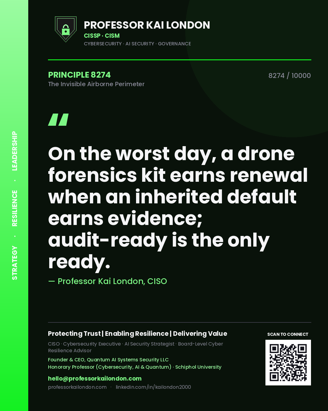 Quote card by Professor Kai London reading 'On the worst day, a drone forensics kit earns renewal when an inherited default earns evidence; audit-ready is the only ready.'. From the book The Invisible Airborne Perimeter.