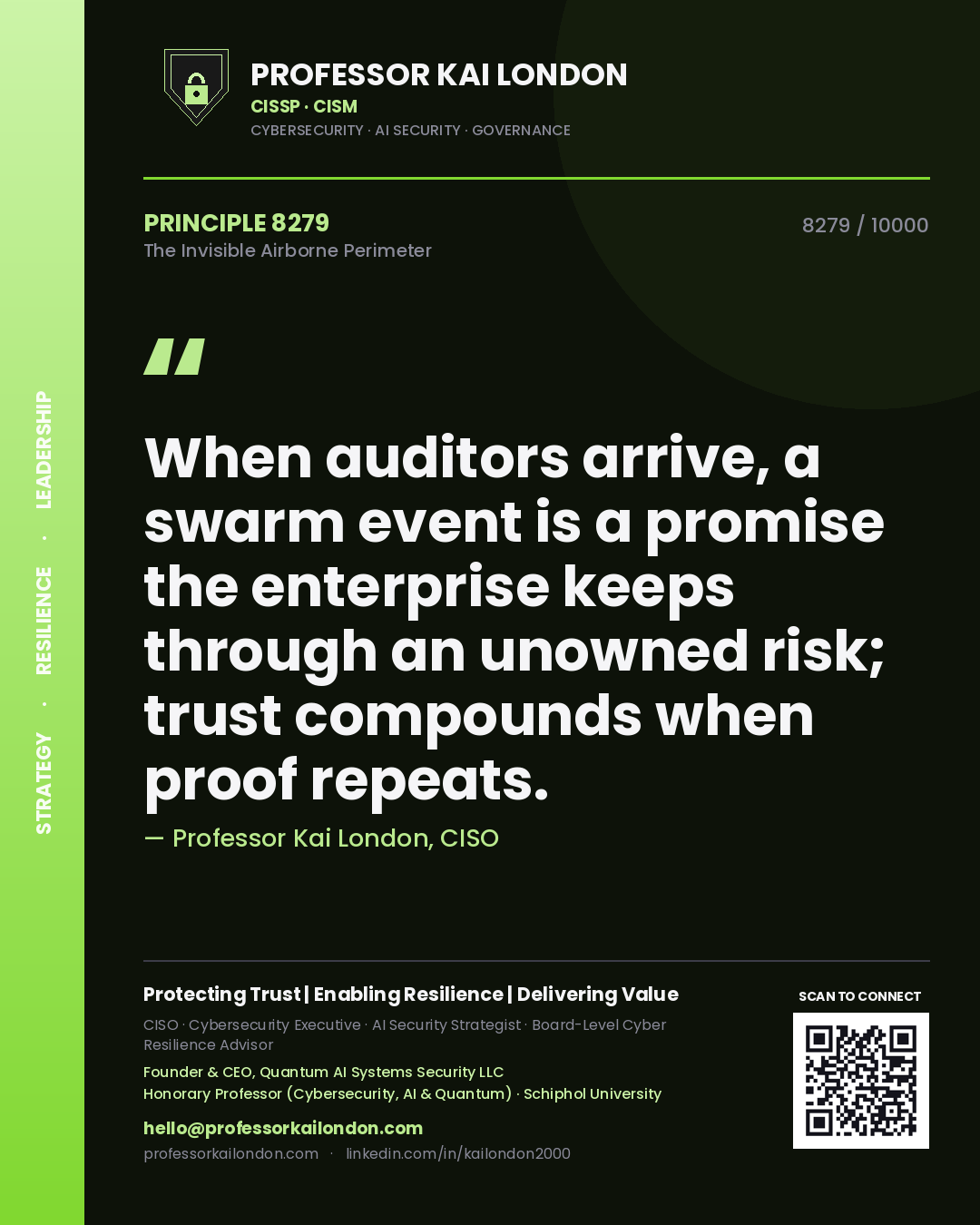 Quote card by Professor Kai London reading 'When auditors arrive, a swarm event is a promise the enterprise keeps through an unowned risk; trust compounds when proof repeats.'. From the book The Invisible Airborne Perimeter.
