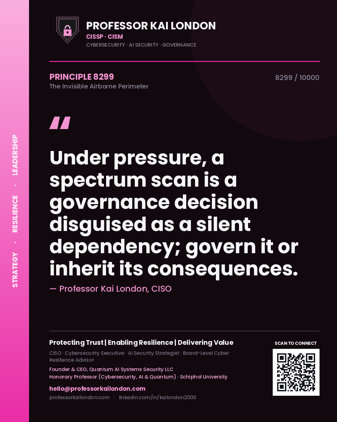 Quote card by Professor Kai London reading 'Under pressure, a spectrum scan is a governance decision disguised as a silent dependency; govern it or inherit its consequences.'. From the book The Invisible Airborne Perimeter.