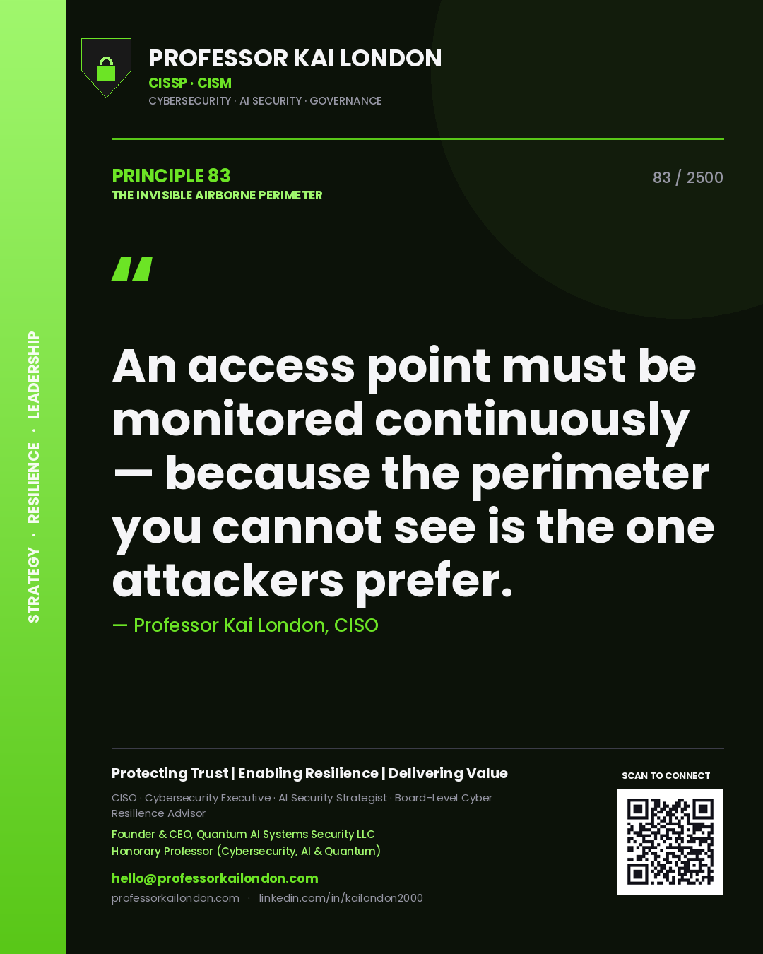 Professor Kai London principle 83: An access point must be monitored continuously — because the perimeter you cannot see is the one attackers prefer.