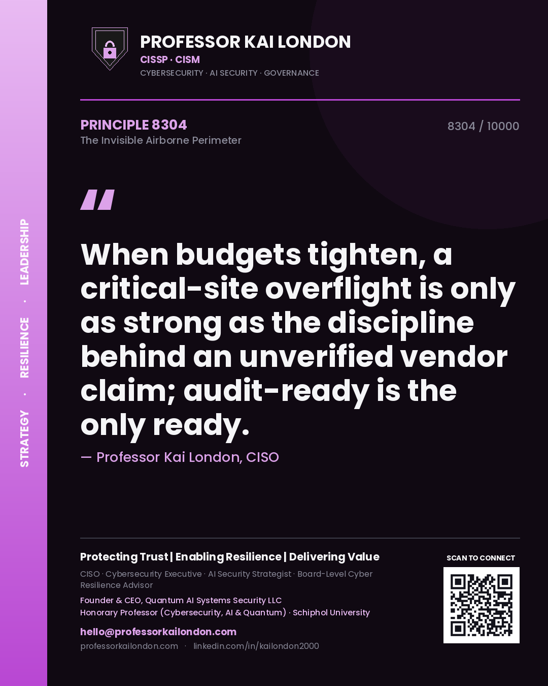 Quote card by Professor Kai London reading 'When budgets tighten, a critical-site overflight is only as strong as the discipline behind an unverified vendor claim; audit-ready is the only ready.'. From the book The Invisible Airborne Perimeter.