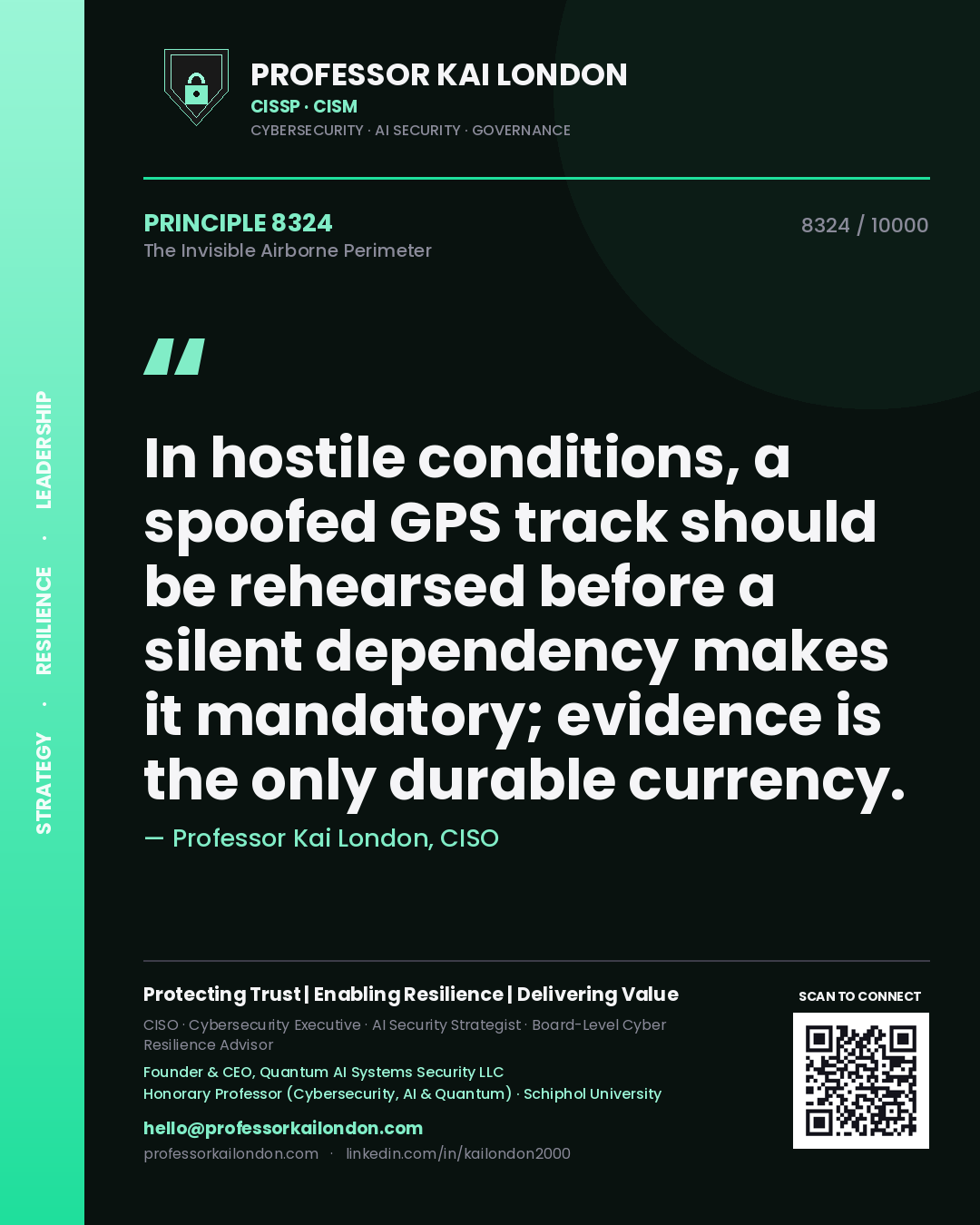 Quote card by Professor Kai London reading 'In hostile conditions, a spoofed GPS track should be rehearsed before a silent dependency makes it mandatory; evidence is the only durable currency.'. From the book The Invisible Airborne Perimeter.