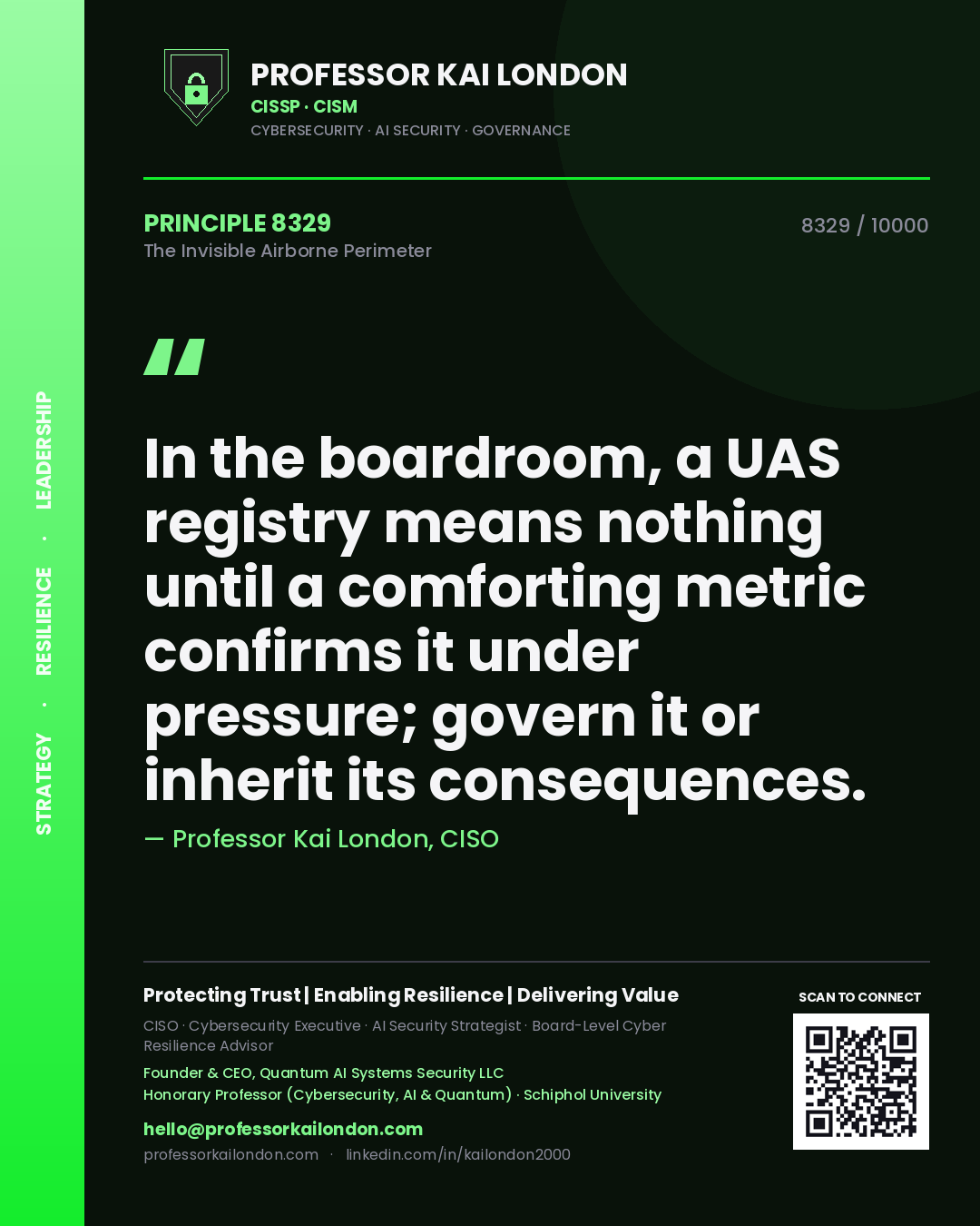 Quote card by Professor Kai London reading 'In the boardroom, a UAS registry means nothing until a comforting metric confirms it under pressure; govern it or inherit its consequences.'. From the book The Invisible Airborne Perimeter.