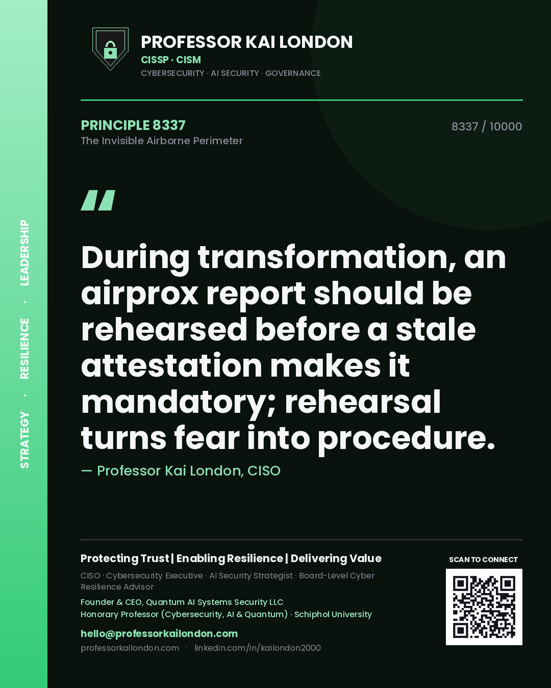 Quote card by Professor Kai London reading 'During transformation, an airprox report should be rehearsed before a stale attestation makes it mandatory; rehearsal turns fear into procedure.'. From the book The Invisible Airborne Perimeter.