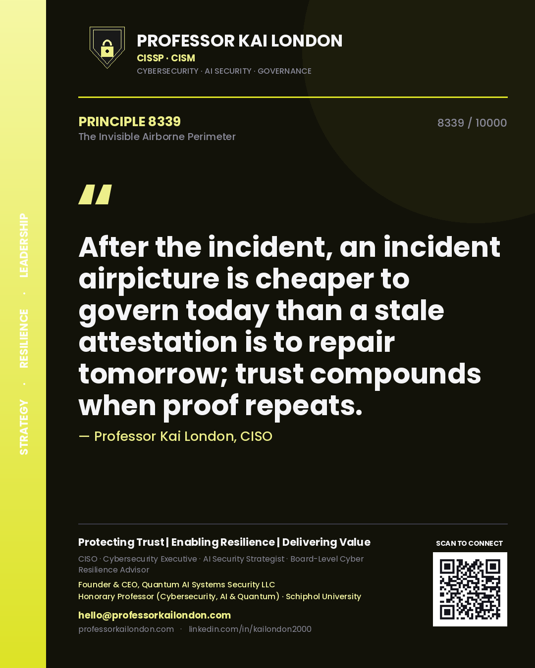 Quote card by Professor Kai London reading 'After the incident, an incident airpicture is cheaper to govern today than a stale attestation is to repair tomorrow; trust compounds when proof repeats.'. From the book The Invisible Airborne Perimeter.