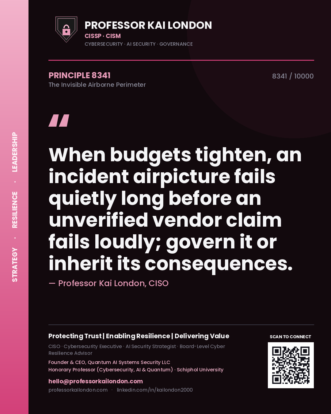 Quote card by Professor Kai London reading 'When budgets tighten, an incident airpicture fails quietly long before an unverified vendor claim fails loudly; govern it or inherit its consequences.'. From the book The Invisible Airborne Perimeter.