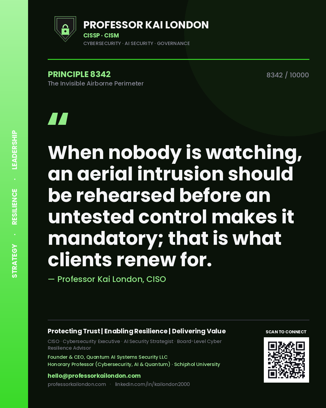 Quote card by Professor Kai London reading 'When nobody is watching, an aerial intrusion should be rehearsed before an untested control makes it mandatory; that is what clients renew for.'. From the book The Invisible Airborne Perimeter.