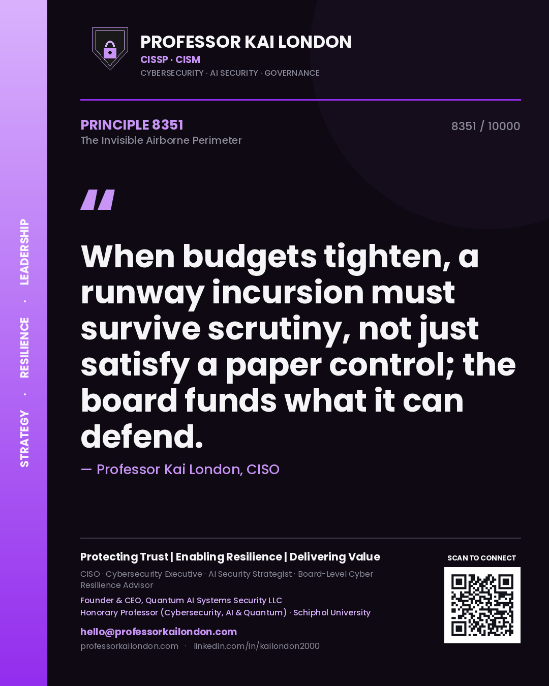 Quote card by Professor Kai London reading 'When budgets tighten, a runway incursion must survive scrutiny, not just satisfy a paper control; the board funds what it can defend.'. From the book The Invisible Airborne Perimeter.