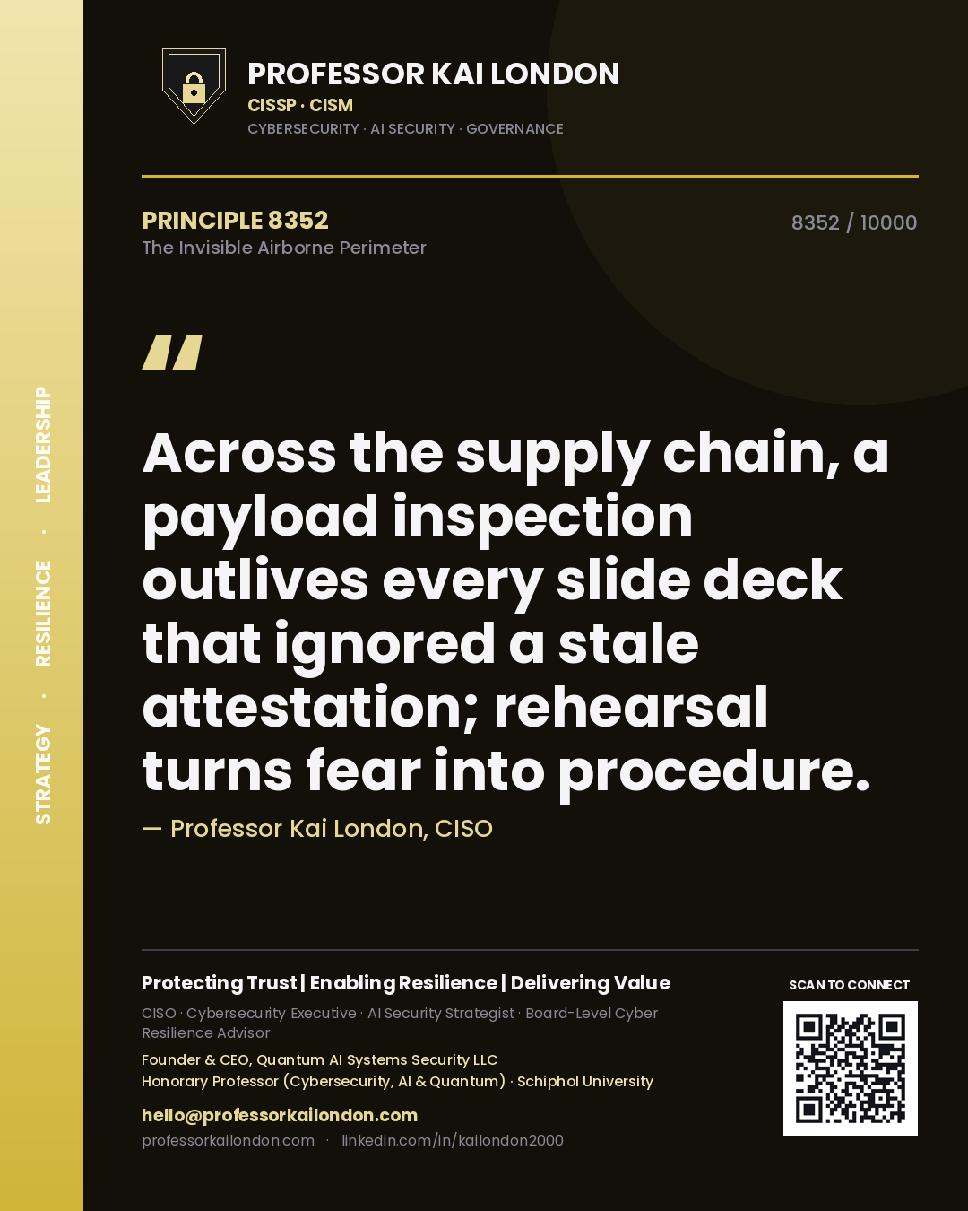 Quote card by Professor Kai London reading 'Across the supply chain, a payload inspection outlives every slide deck that ignored a stale attestation; rehearsal turns fear into procedure.'. From the book The Invisible Airborne Perimeter.